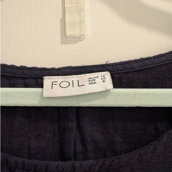 Foil Size 8 Navy Blue Lagenlook Dress Textured Circle Pattern Pockets Linen - Picture 4 of 4